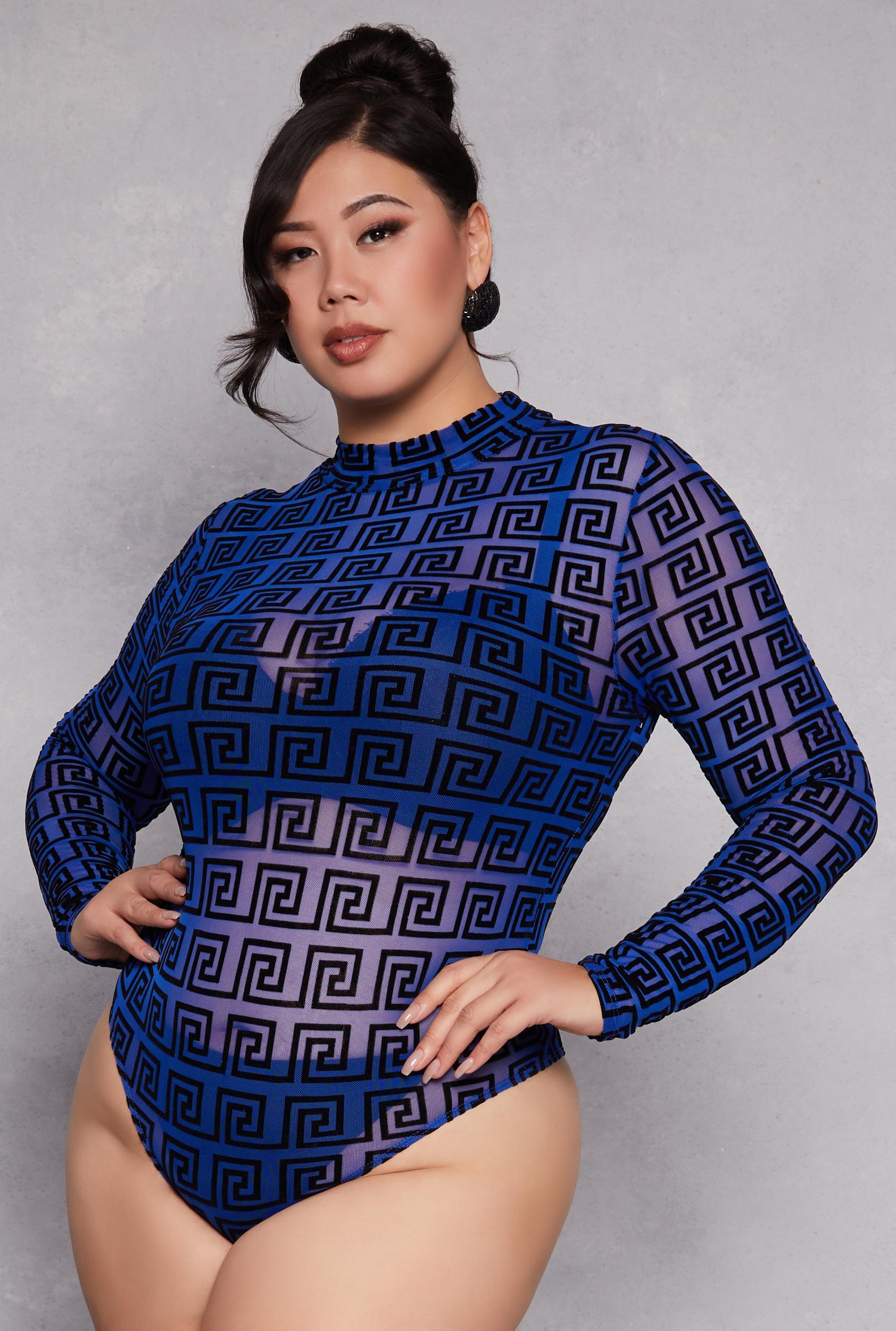 Womens Plus Size Mesh Velvet Burnout Greek Key Bodysuit Product Image