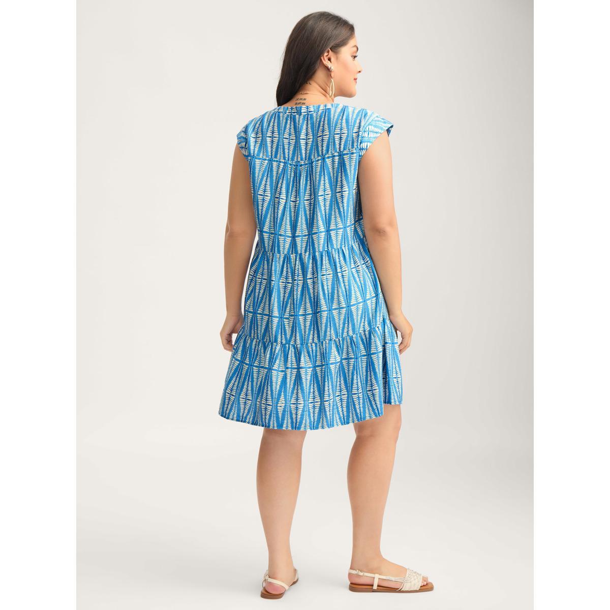 Plus Size Geometric Vacation Print Low Waist Midi Dress Cerulean Women Non Cap Sleeve Curvy BloomChic 10/M Product Image
