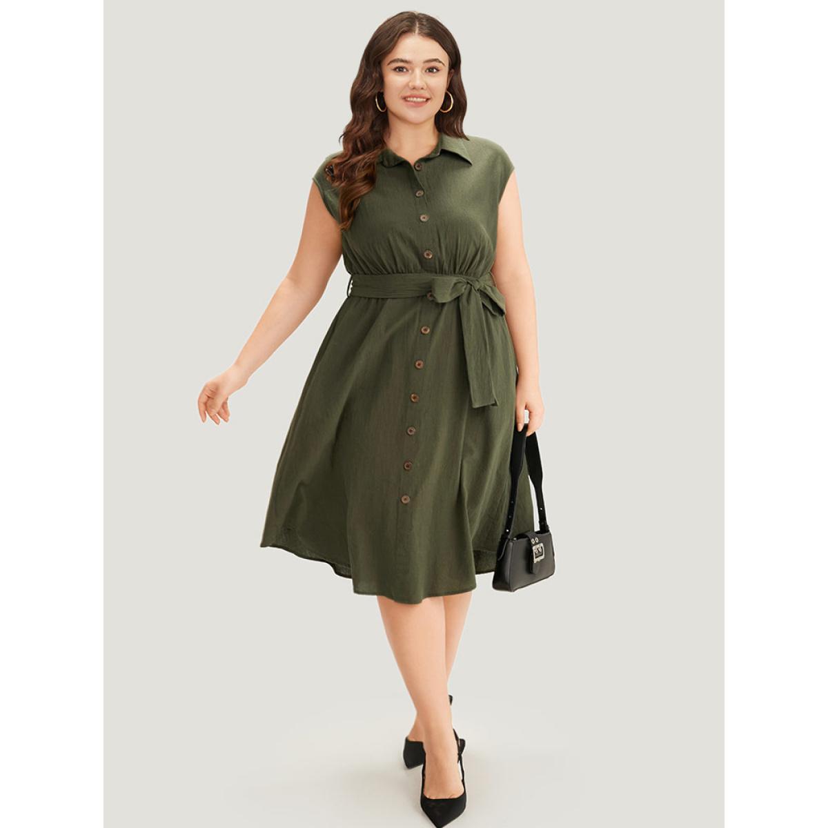 Plus Size Solid Shirt Collar Belted Button Up Tank Dress ArmyGreen Women Office Plain Shirt collar Sleeveless Curvy Knee Dress BloomChic 18-20/2X Product Image