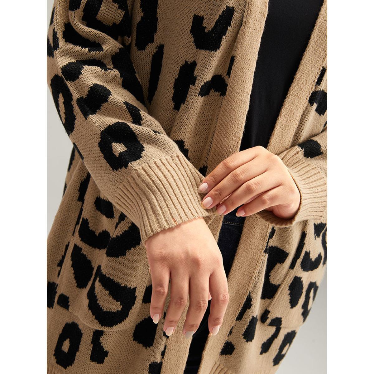 Plus Size Leopard Elastic Cuffs Drop Shoulder Cardigan Leopard Women Casual Loose Long Sleeve Everyday Cardigans BloomChic 26/4X Product Image