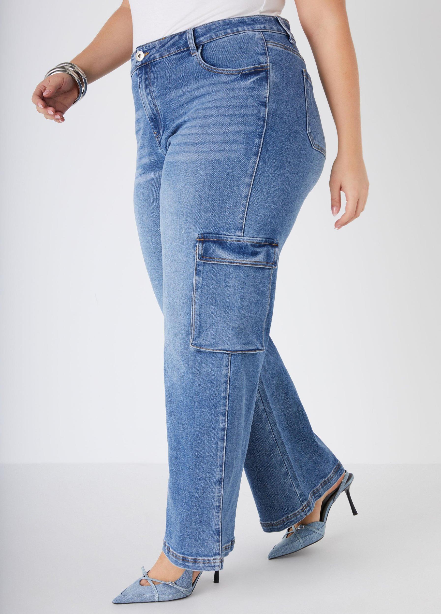 Mid Rise Stretch Denim Cargo Jeans Product Image