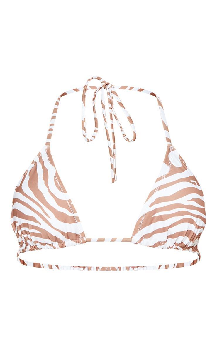 Brown Zebra Print Adjustable String Tie Padded Triangle Bikini Top Product Image