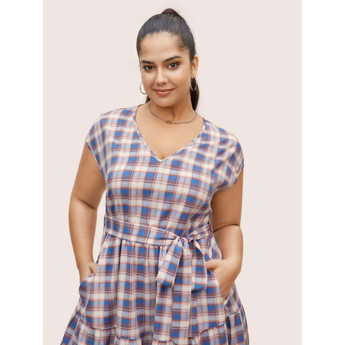 Plus Size V Neck Gingham Cap Sleeve Belted Dress Skyblue Women Casual Tiered V-neck Sleeveless Curvy BloomChic 26/4X Product Image