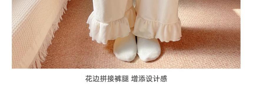 Pajama Set: Long Sleeve Square Neck Plain Ruffle Top + Straight Leg Pants Product Image