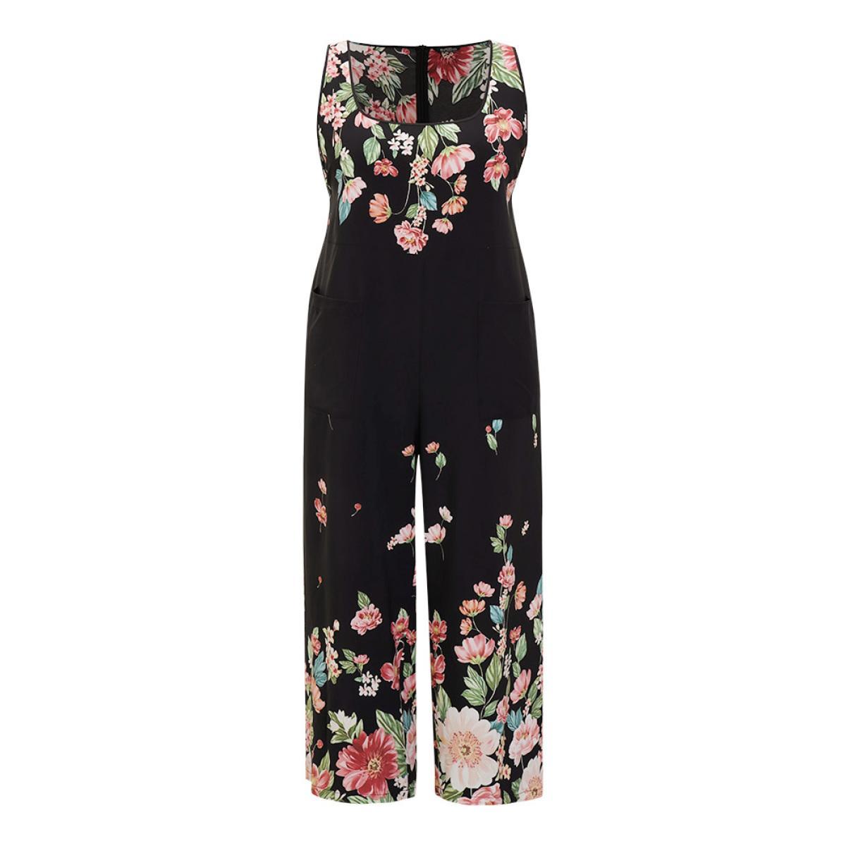 Plus Size Black Floral Square Neck Zip Back Pocket Jumpsuit Women Elegant Sleeveless Square Neck Dailywear Loose Jumpsuits BloomChic 30/6X Product Image
