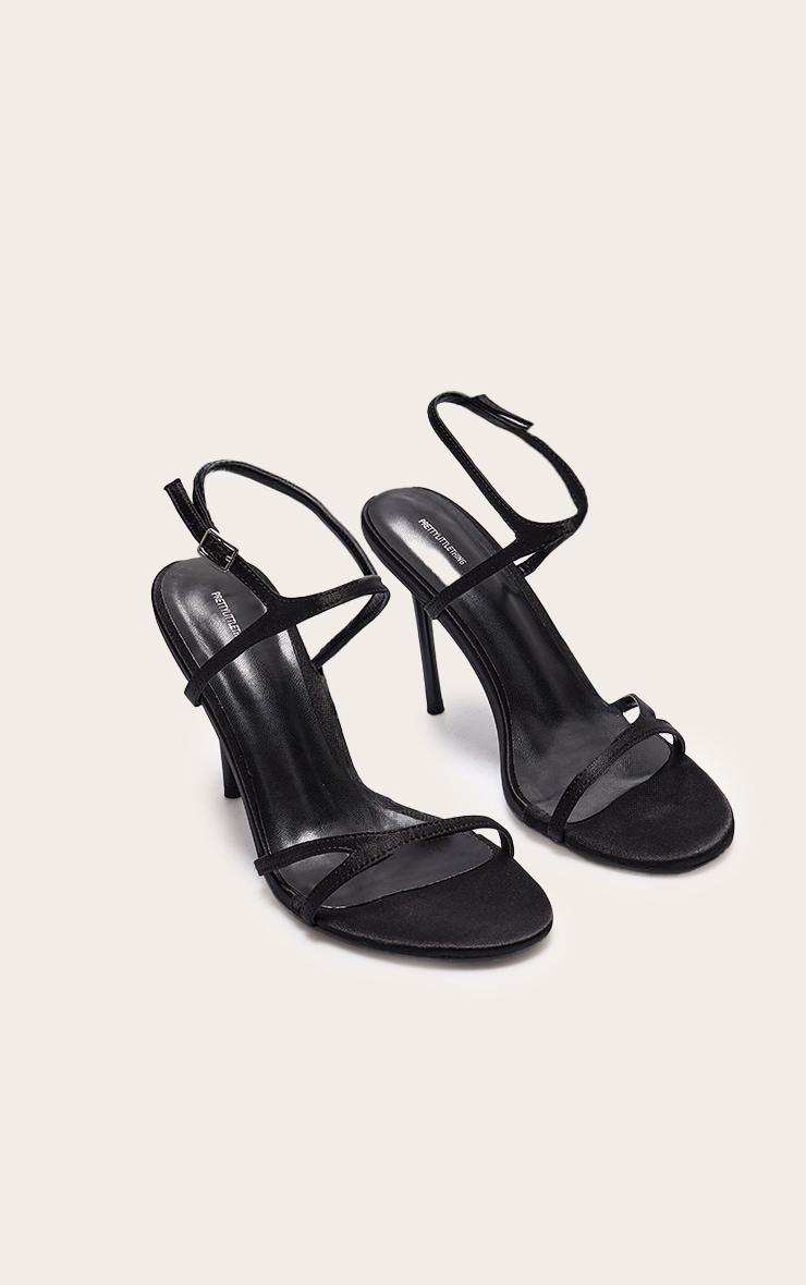 Black Satin Round Toe Asymmetric Strap High Stiletto Heeled Sandals Product Image