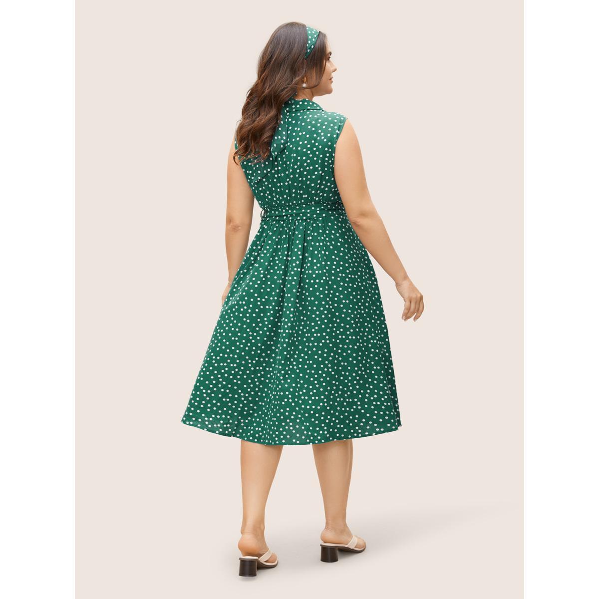Plus Size Collared Polka Dot Dress Teal Women Elegant Belted Suit Collar Sleeveless Curvy BloomChic 26/4X Product Image