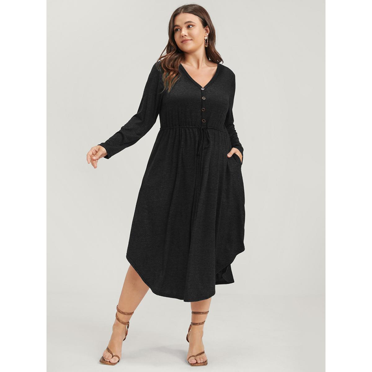 Plus Size Solid Pocket Button Asymmetrical Hem Ties Midi Dress Black Women Casual Patchwork V-neck Long Sleeve Curvy Midi Dress BloomChic 28/5X Product Image