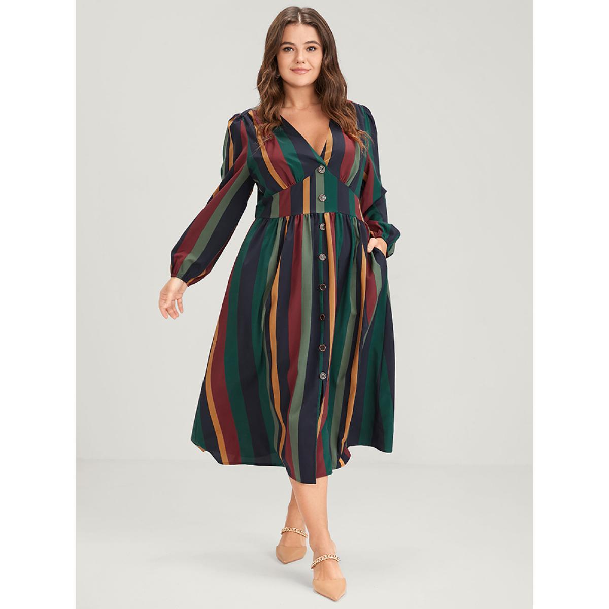 Plus Size Striped Lantern Sleeve Pocket Button Front Midi Dress Multicolor Women Vacation Printed V-neck Long Sleeve Curvy Midi Dress BloomChic 14-16/1X Product Image