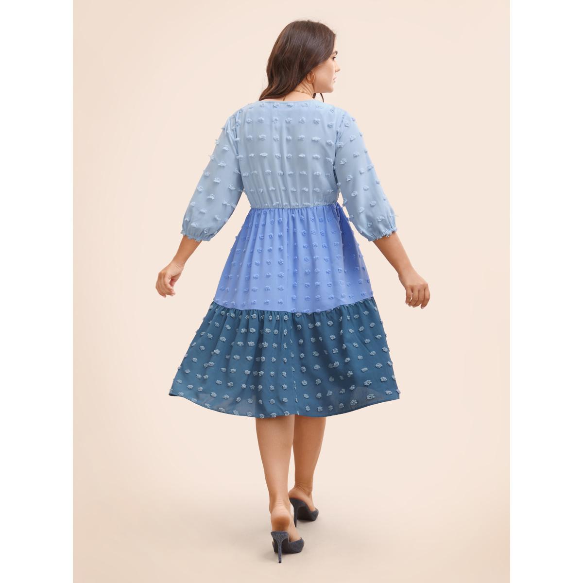 Plus Size Textured Colorblock Contrast Lantern Sleeve Dress LightBlue Women Elegant Texture V-neck Elbow-length sleeve Curvy BloomChic 10/M Product Image