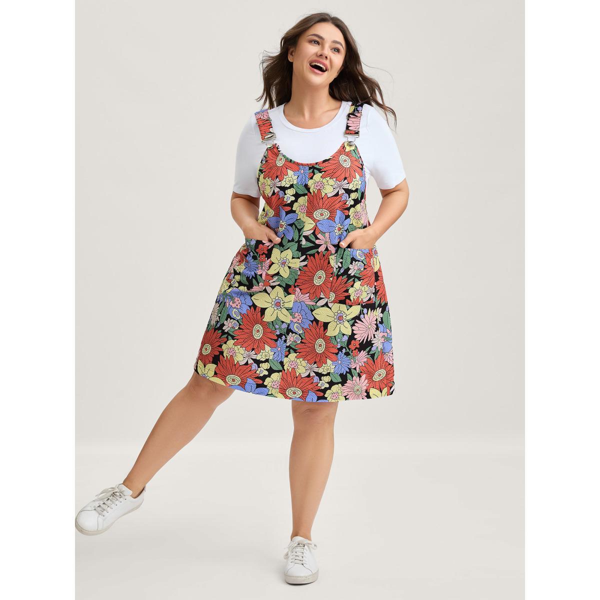 Plus Size Floral Print Textured Overall Straps Dress Multicolor Women Round Neck Sleeveless Curvy BloomChic 10/M Product Image