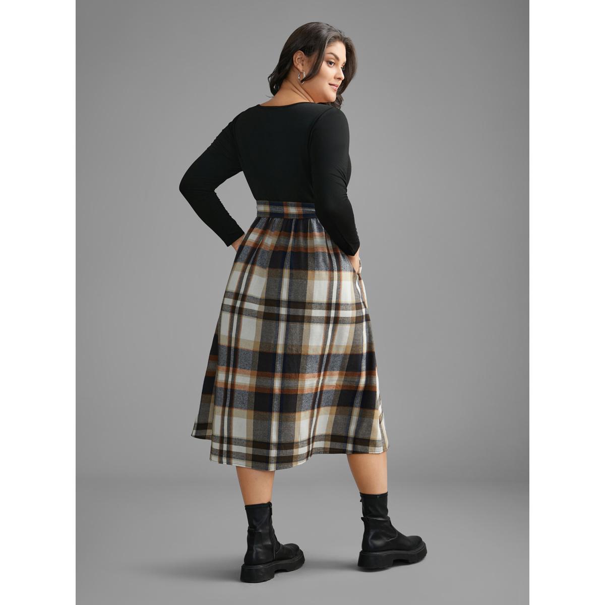 Plus Size Plaid Patchwork Elastic Waist Belted Dress Black Women Casual Belted Round Neck Long Sleeve Curvy BloomChic 10/M Product Image
