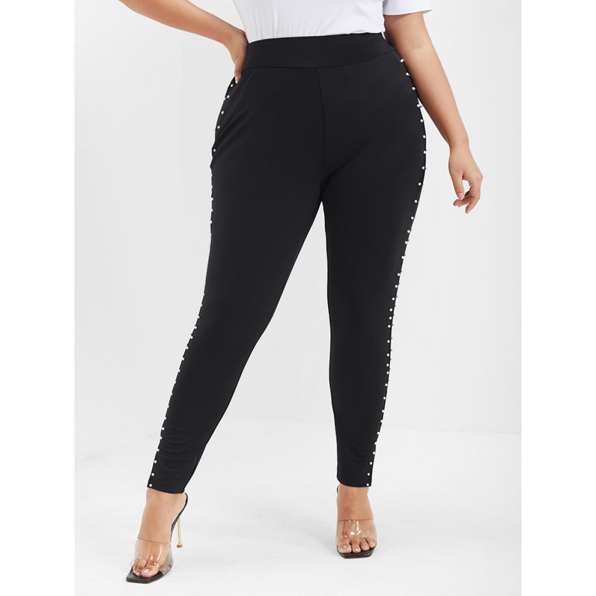 Plus Size Solid Beaded Split Hem Skinny Leggings Women Black Party Low stretch Skinny High Rise Going out Leggings BloomChic 18-20/2X Product Image