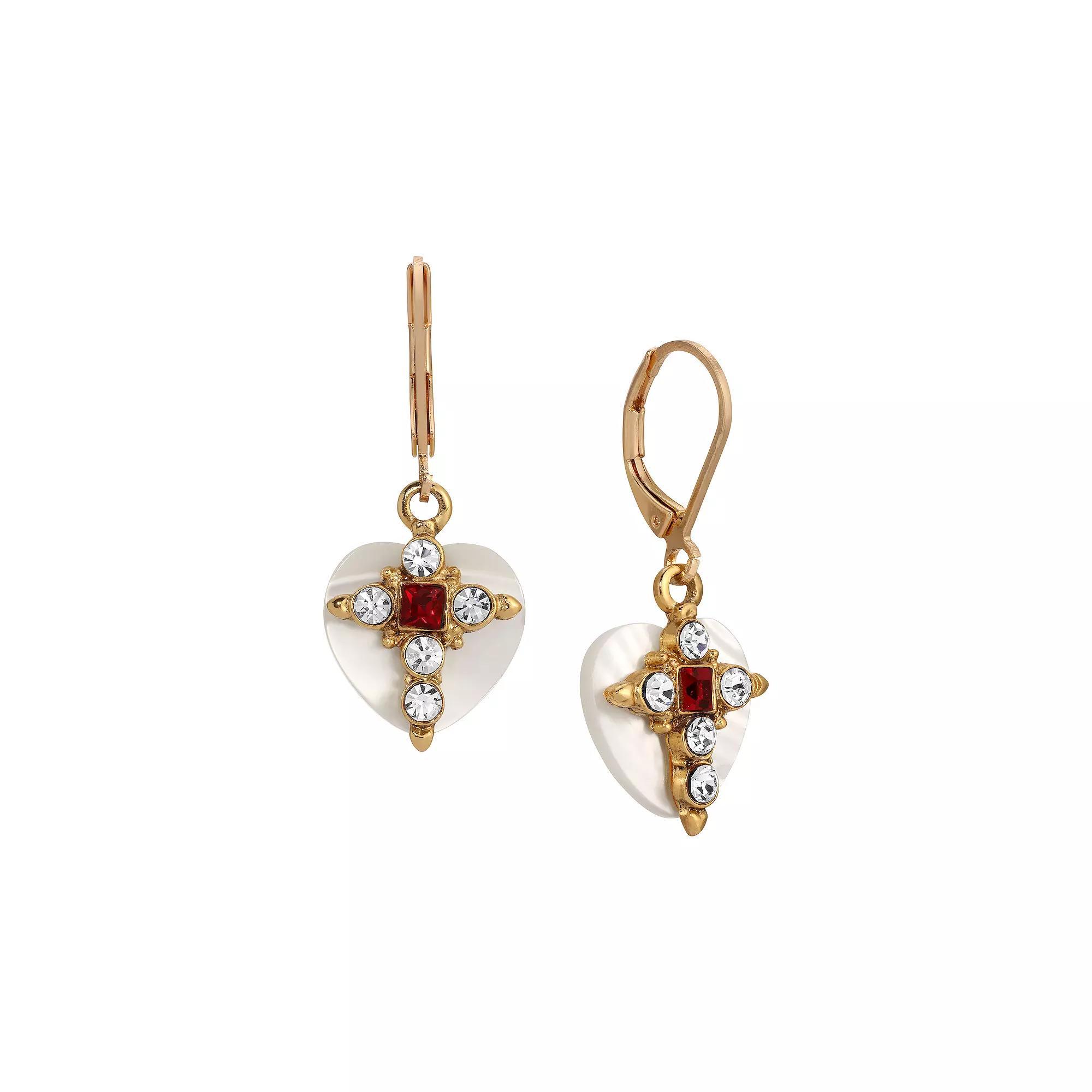 Symbols of Faith Mother of Pearl Heart Red & Crystal Cross Earrings, Womens Product Image