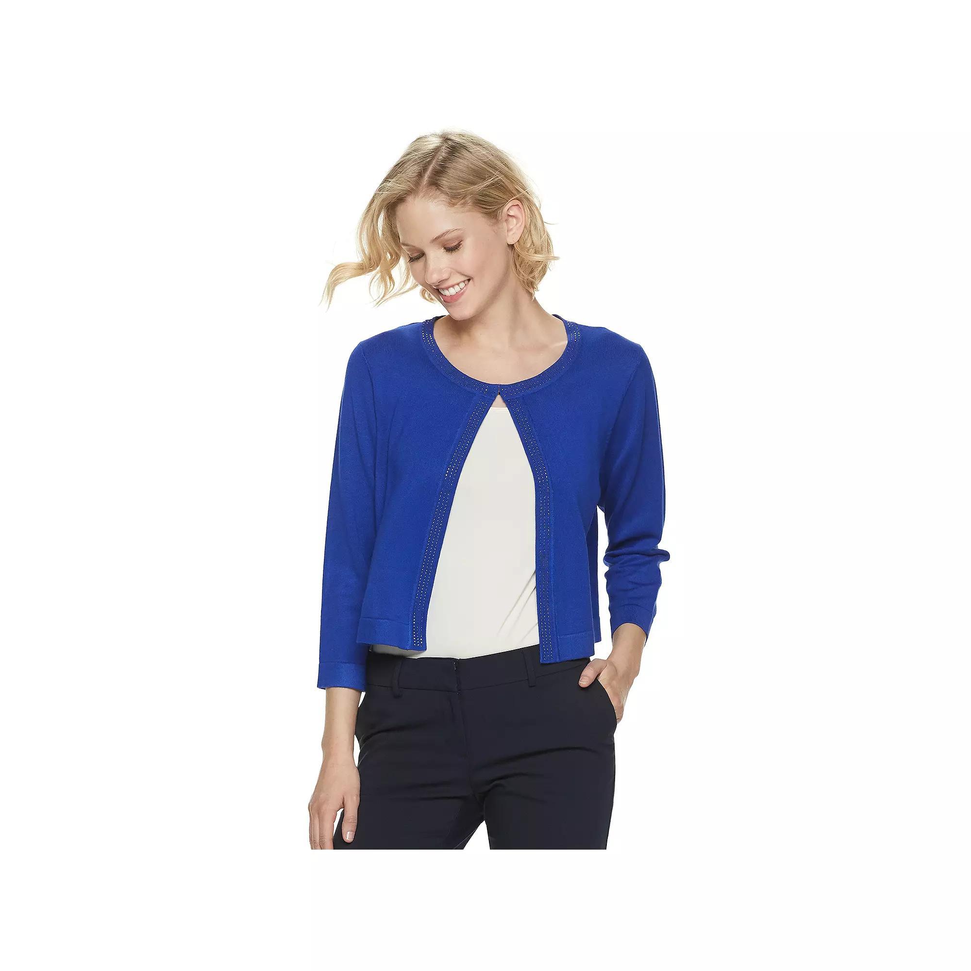 Women's Nina Leonard Embellished Crop Cardigan, Size: Medium, Blue Product Image