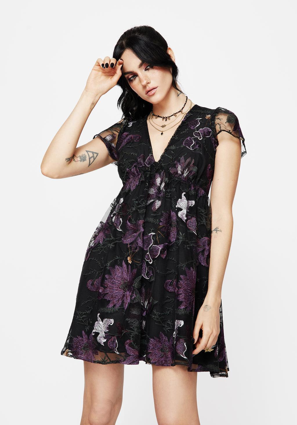 Estrid Embroidered Mesh Flute Sleeve Mini Dress Product Image