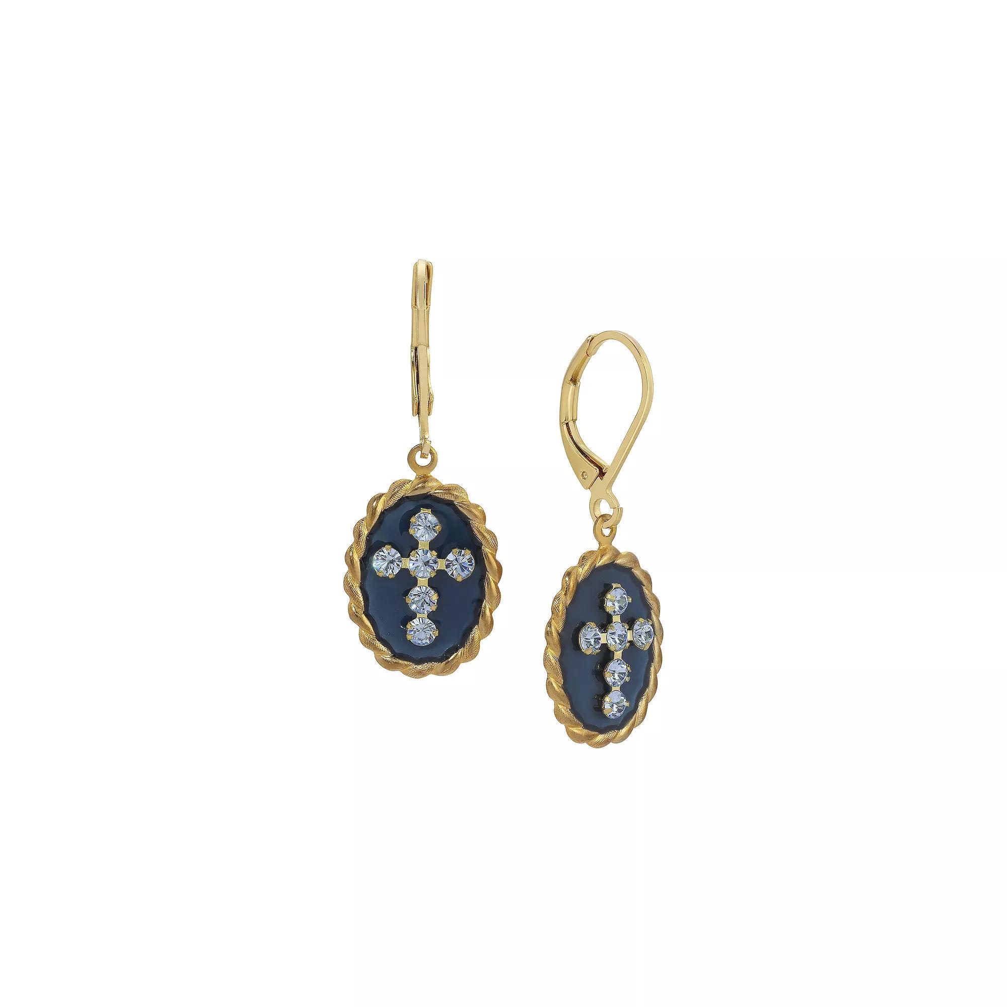 Symbols of Faith 14k Gold Dipped Blue Enamel Blue Crystal Cross Earrings, Womens Product Image