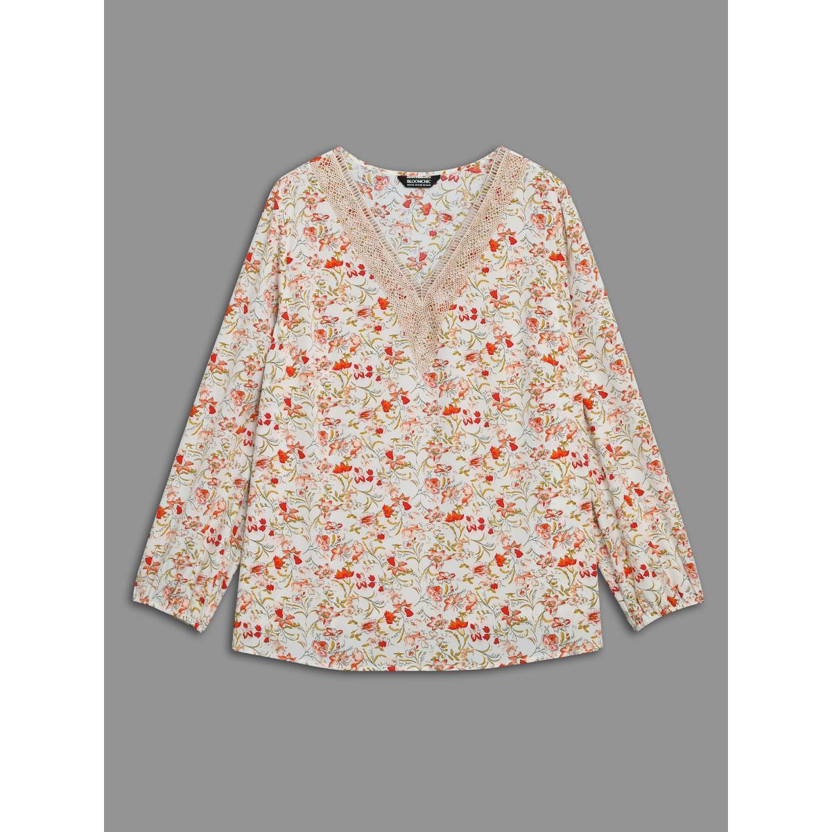 Plus Size Multicolor V Neck Ditsy Floral Contrast Webbing Blouse Women Elegant Long Sleeve V-neck Everyday Blouses BloomChic 12/L Product Image