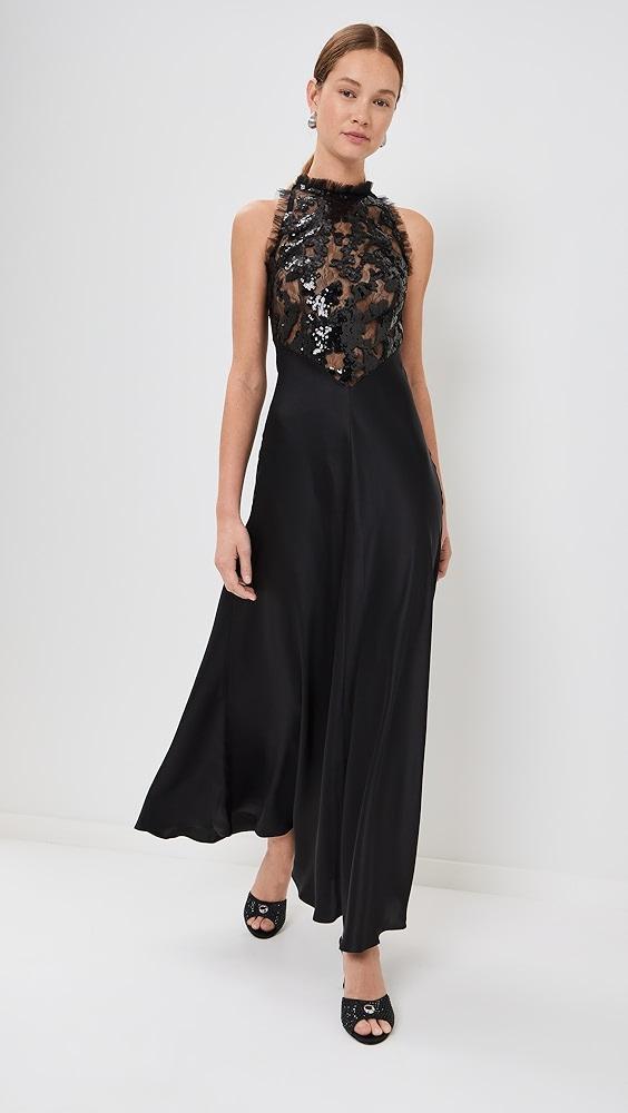 Rodarte Black Silk Satin And Sequin Dress With Tulle Ruffle Detail | Shopbop Product Image