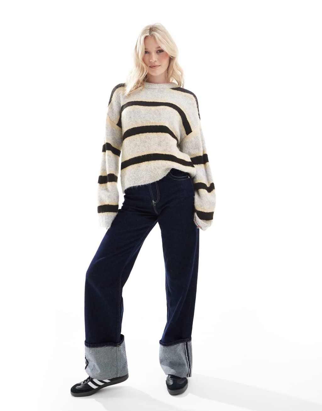 ASOS DESIGN wool blend fluffy knitted sweater in black stripe Product Image