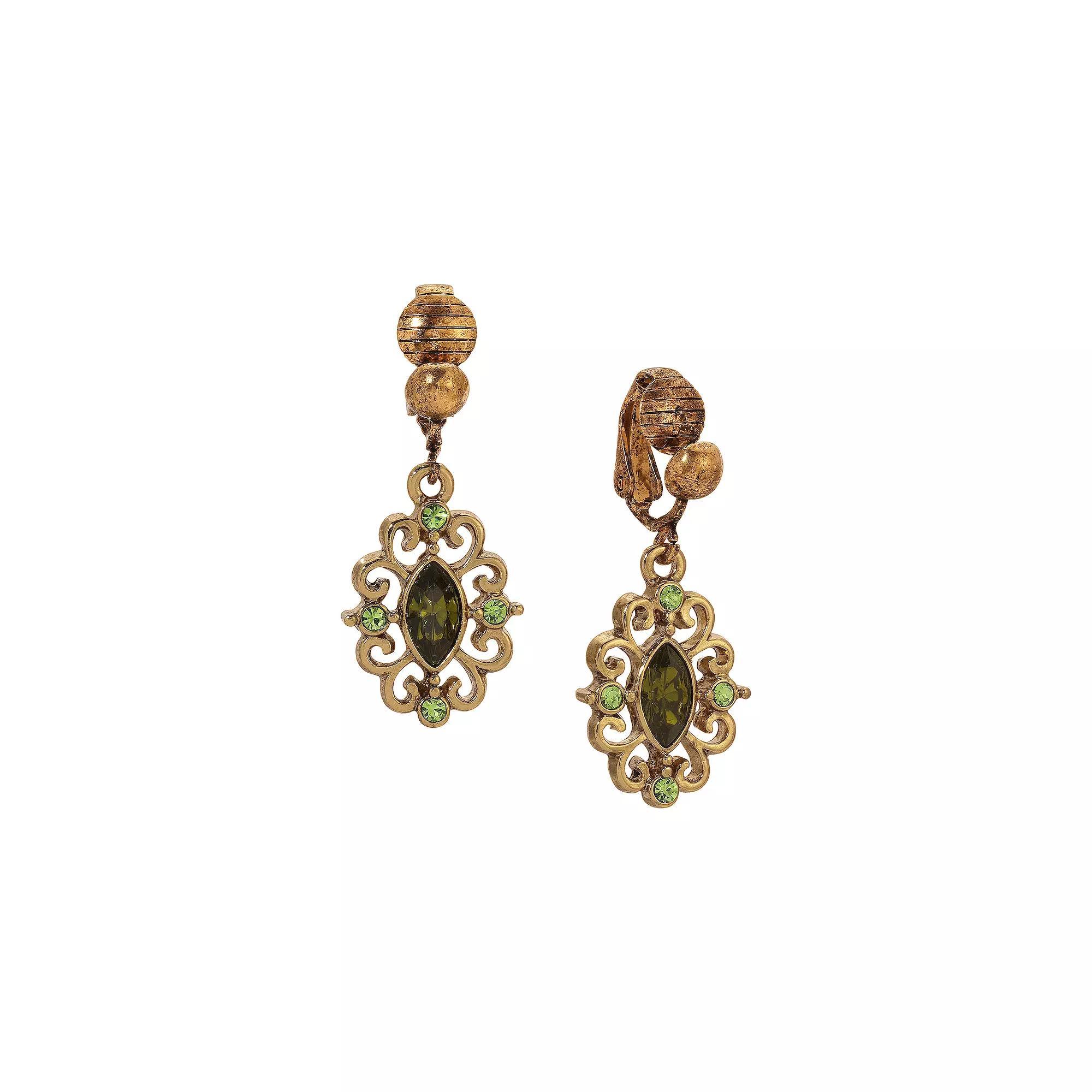 1928 Gold Tone Green Crystal Drop Clip-On Earrings, Womens Product Image
