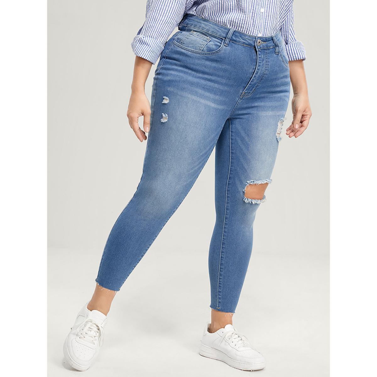 Plus Size Skinny Very Stretchy High Rise Medium Wash Distressed Jeans Women LightBlue Casual Plain High stretch Pocket Jeans BloomChic 16/1X Product Image