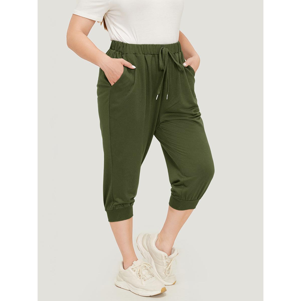 Plus Size Solid Knot Front Pocket Carrot Pants Women ArmyGreen Casual High Rise Dailywear Pants BloomChic 14-16/1X Product Image