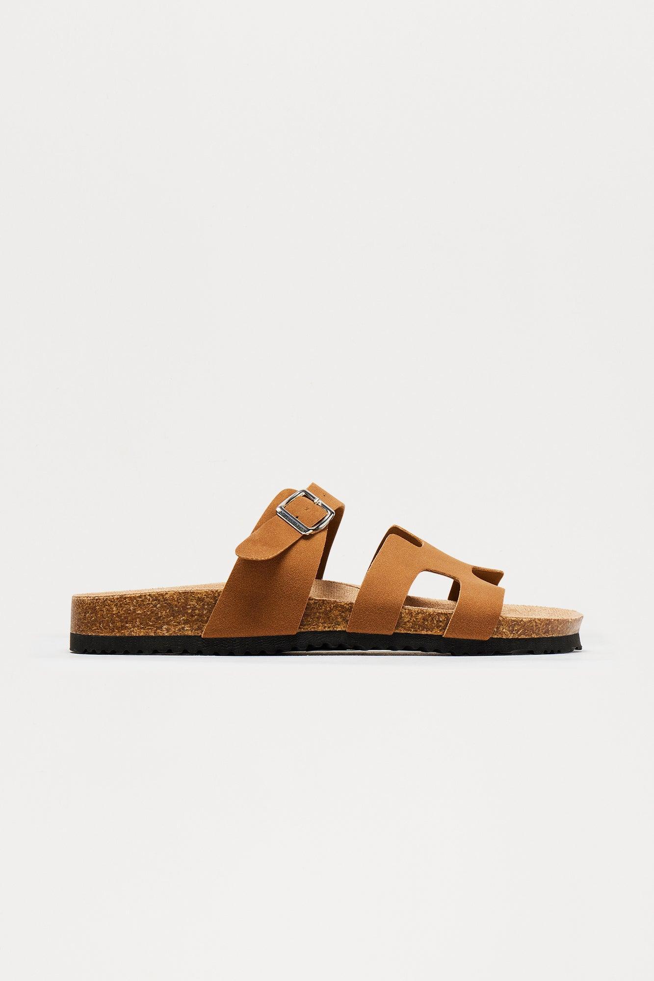 Ethan Buckle Cork Slip On Sandals - Camel Product Image