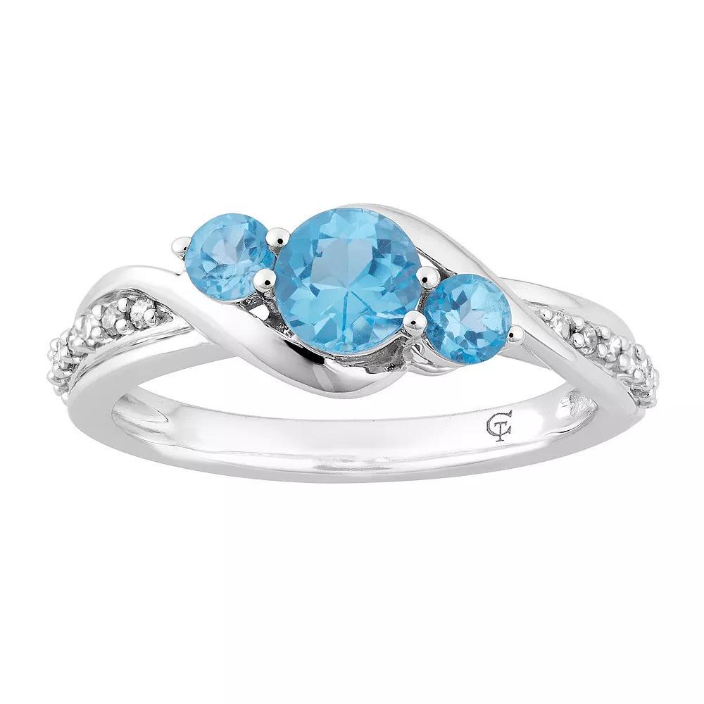 10k White Gold Swiss Blue Topaz & 1/10 Carat T.W. Diamond 3-Stone Ring, Women's, Size: 6, 10k Whgold Product Image