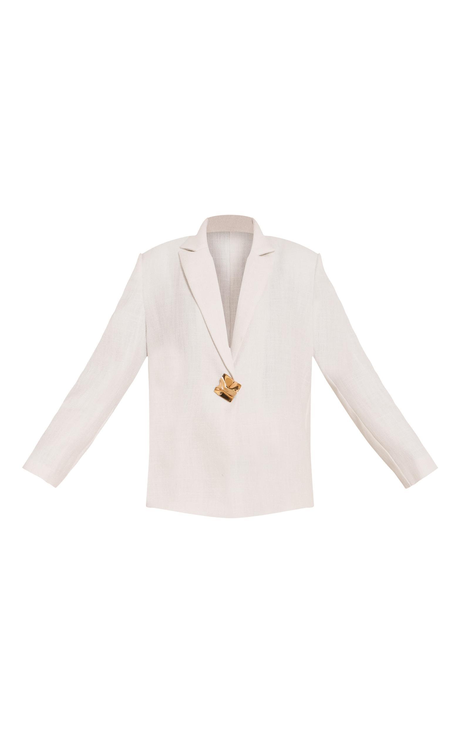  Cream Button Detail Linen Look Boxy Blazer Product Image