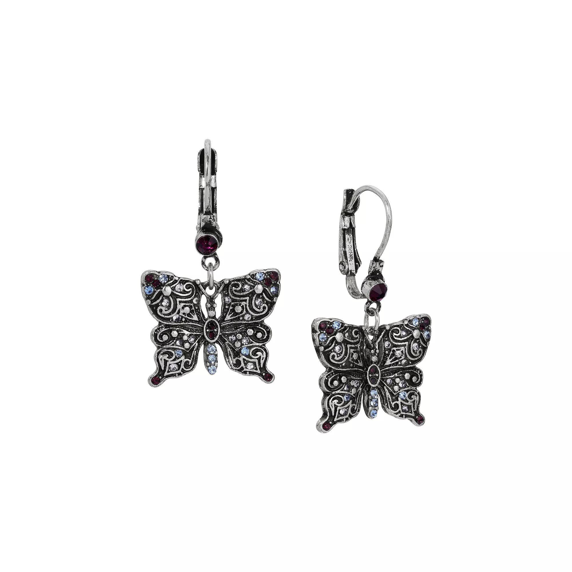 1928 Silver-Tone Multicolored Stone Butterfly Drop Earrings, Womens Product Image