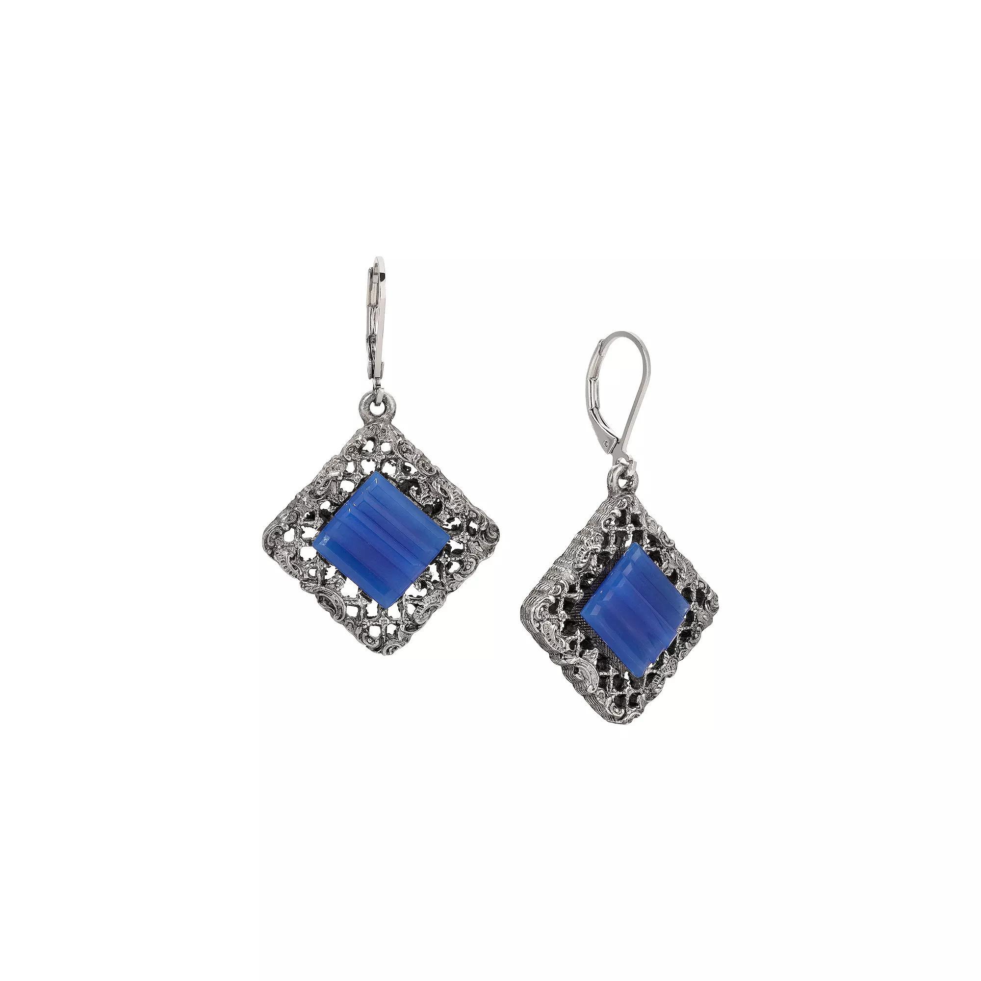 1928 Pewter Blue Glass Stone Leverback Earrings, Womens Product Image