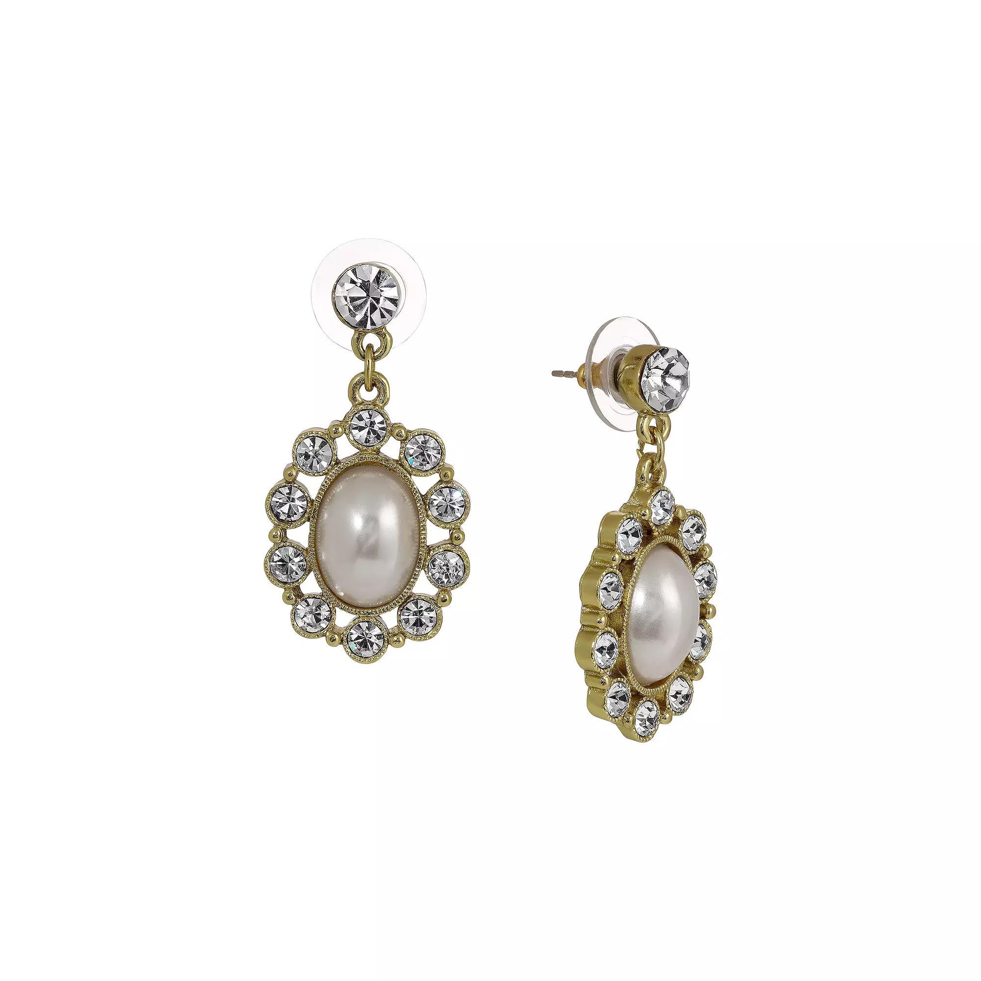 1928 Gold Tone and Faux Pearl Oval Drop Earrings, Womens, White Product Image