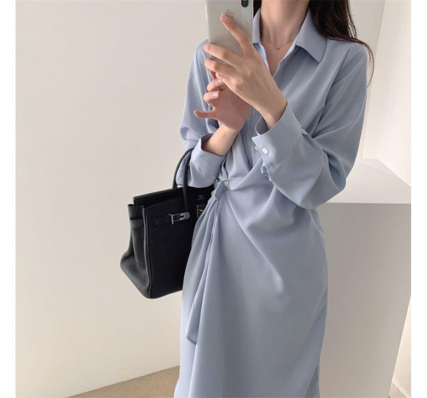 Long-Sleeve Plain Asymmetrical Midi A-Line Shirt Dress Product Image