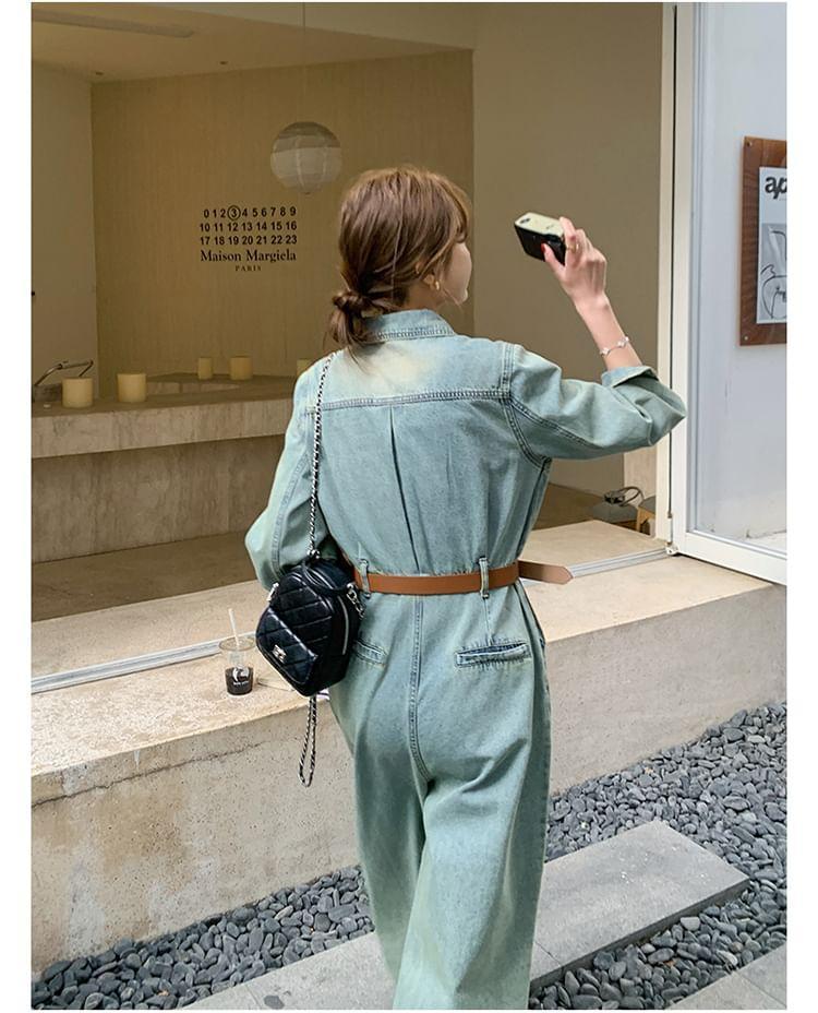 Long-Sleeve Washed Button-Up Denim Jumpsuit Product Image
