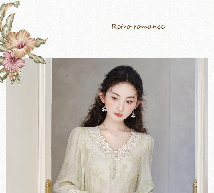 Long-Sleeve V-Neck Tie Dye Lace Panel Midi A-Line Dress Product Image