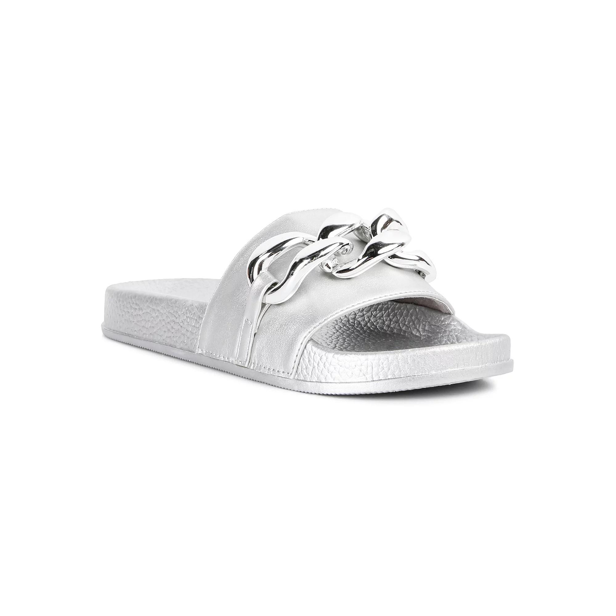 London Rag Women's Ishtar Metallic Chain Metal Slide Sandals, Size: 7, Silver Product Image