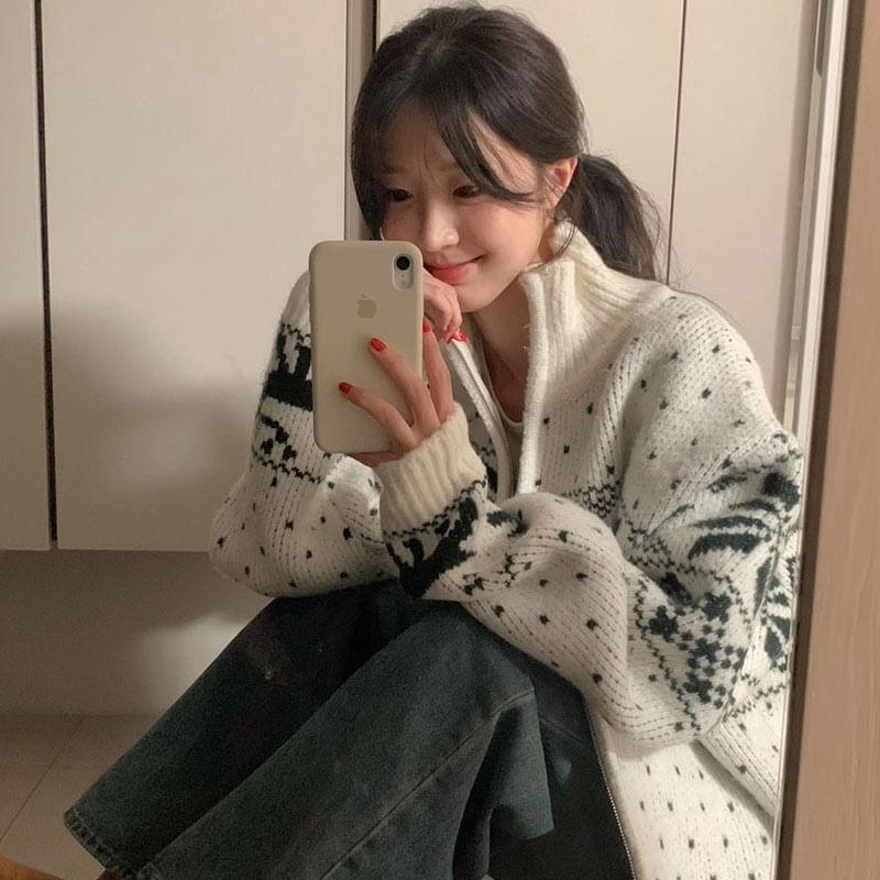 Couple Matching Snowflake Print Zip Cardigan Product Image