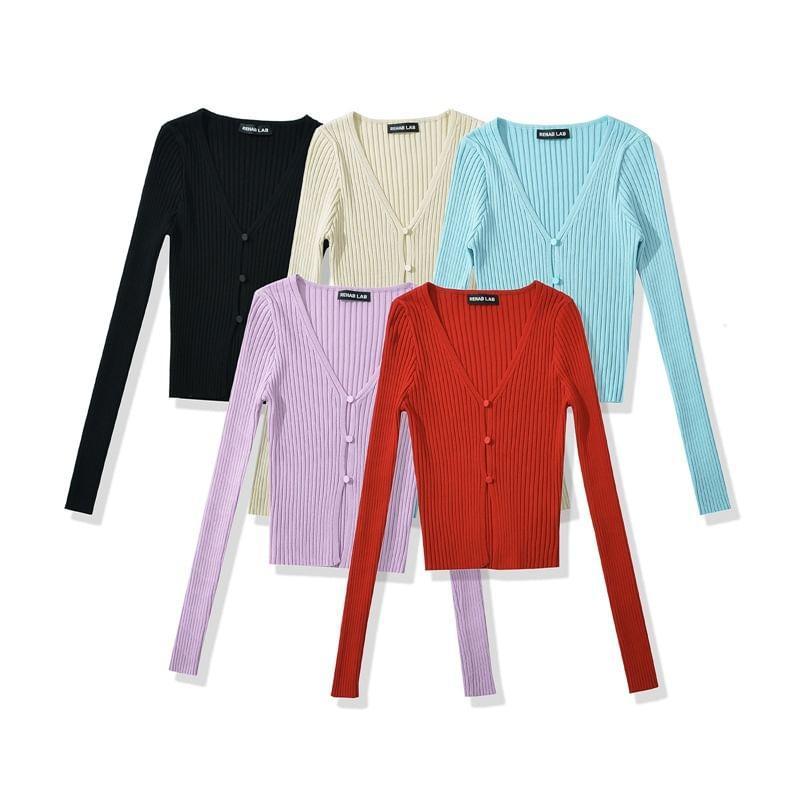 Long Sleeve V-Neck Plain Button Up Cropped Knit Top Product Image