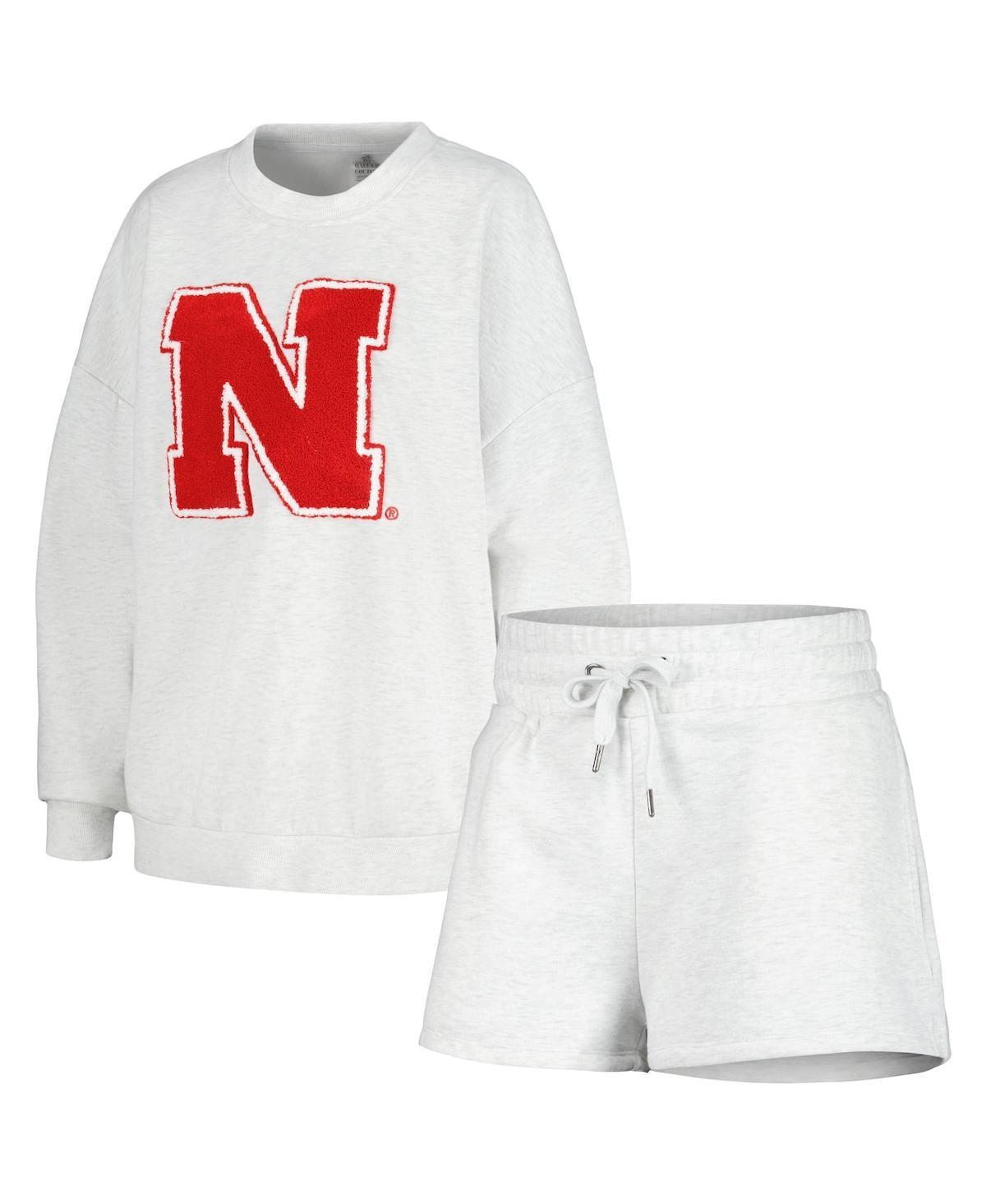 Women's Gameday Couture Ash Nebraska Huskers Team Effort Pullover Sweatshirt & Shorts Sleep Set, Size: 2XL, Black Product Image