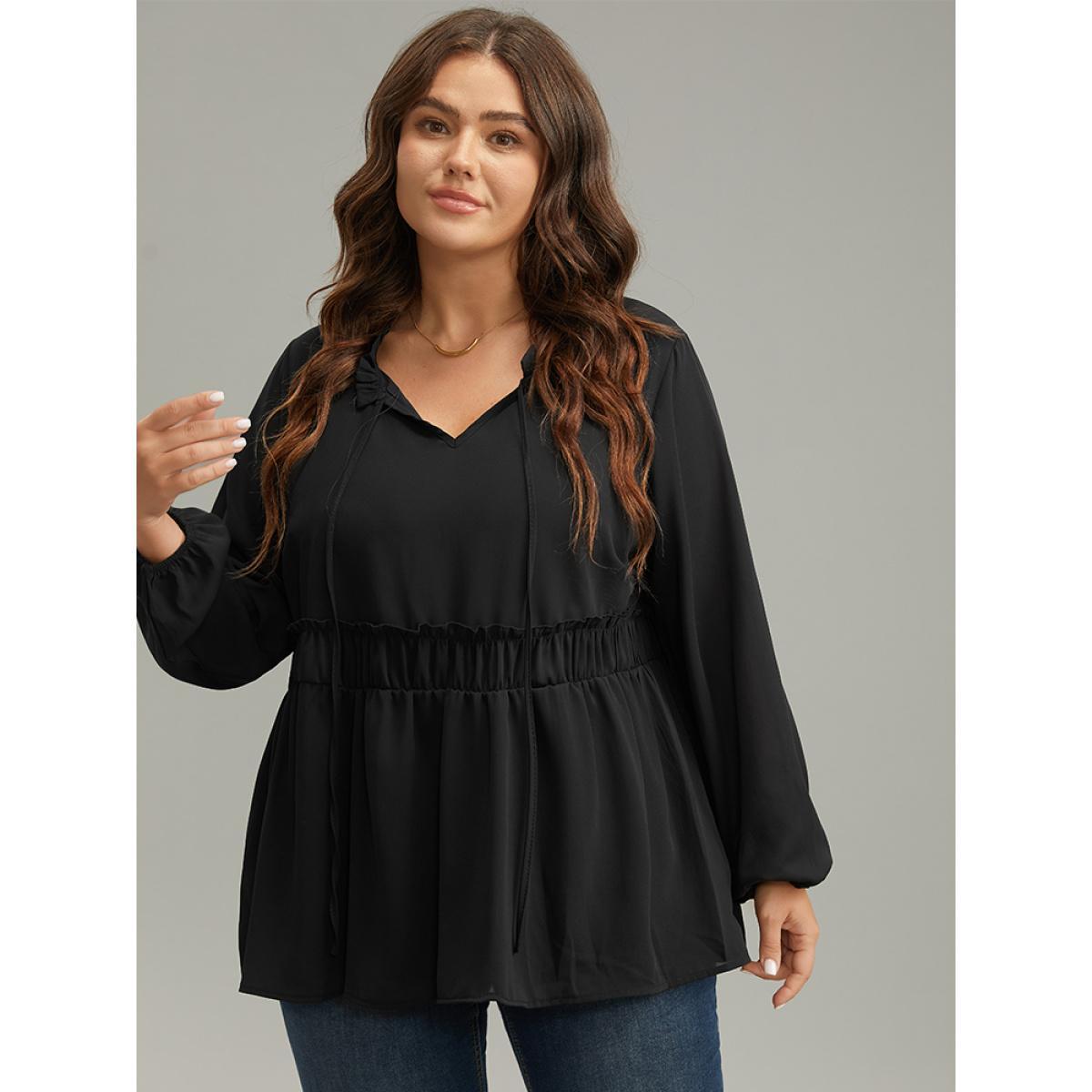 Plus Size Black Anti-Wrinkle Plain Shirred Frill Trim Gathered Tie Neck Blouse Women Casual Long Sleeve Tie Neck Everyday Blouses BloomChic 22-24/3X Product Image