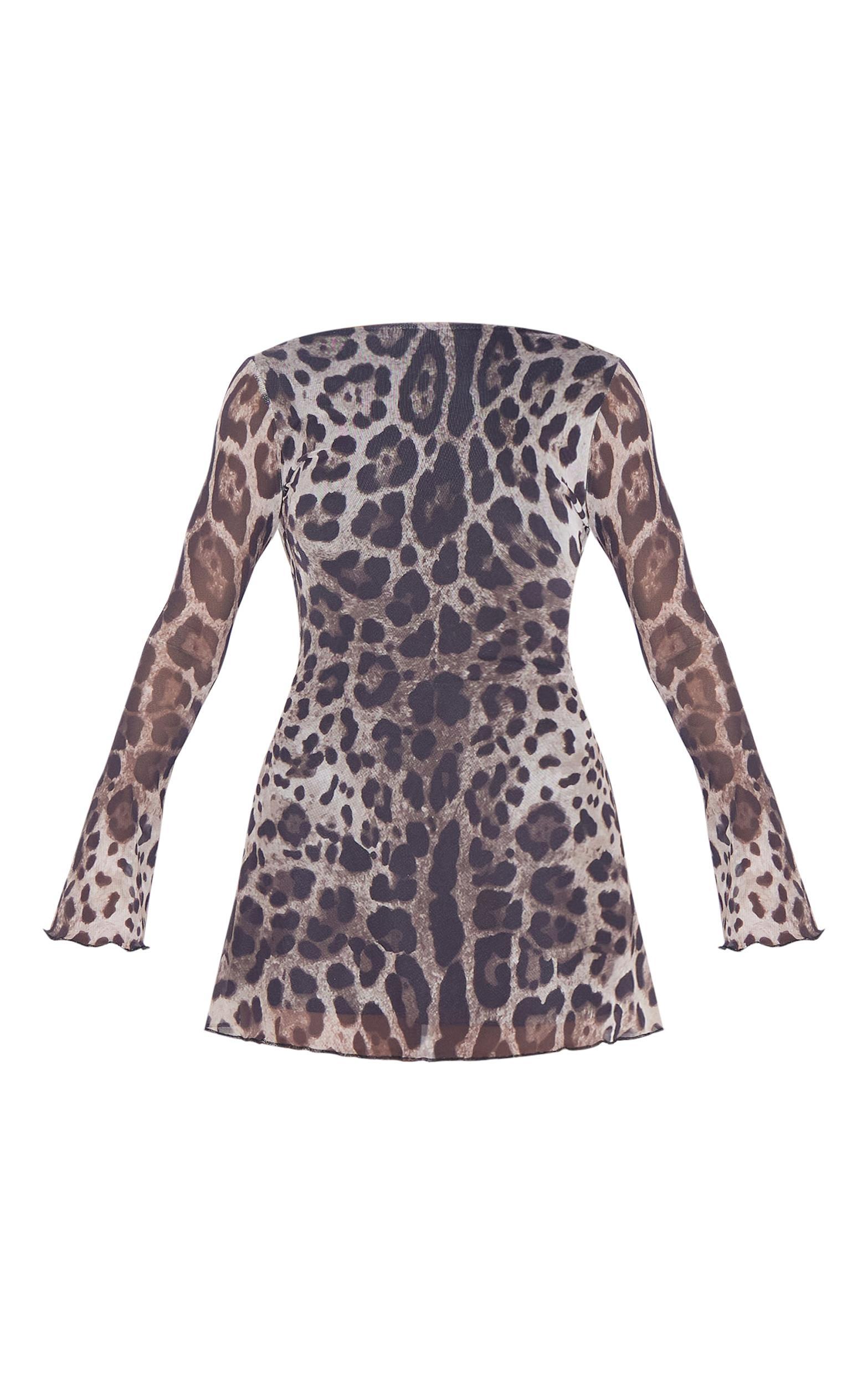 Leopard Mesh Long Sleeve Tie Back Shift Dress Product Image