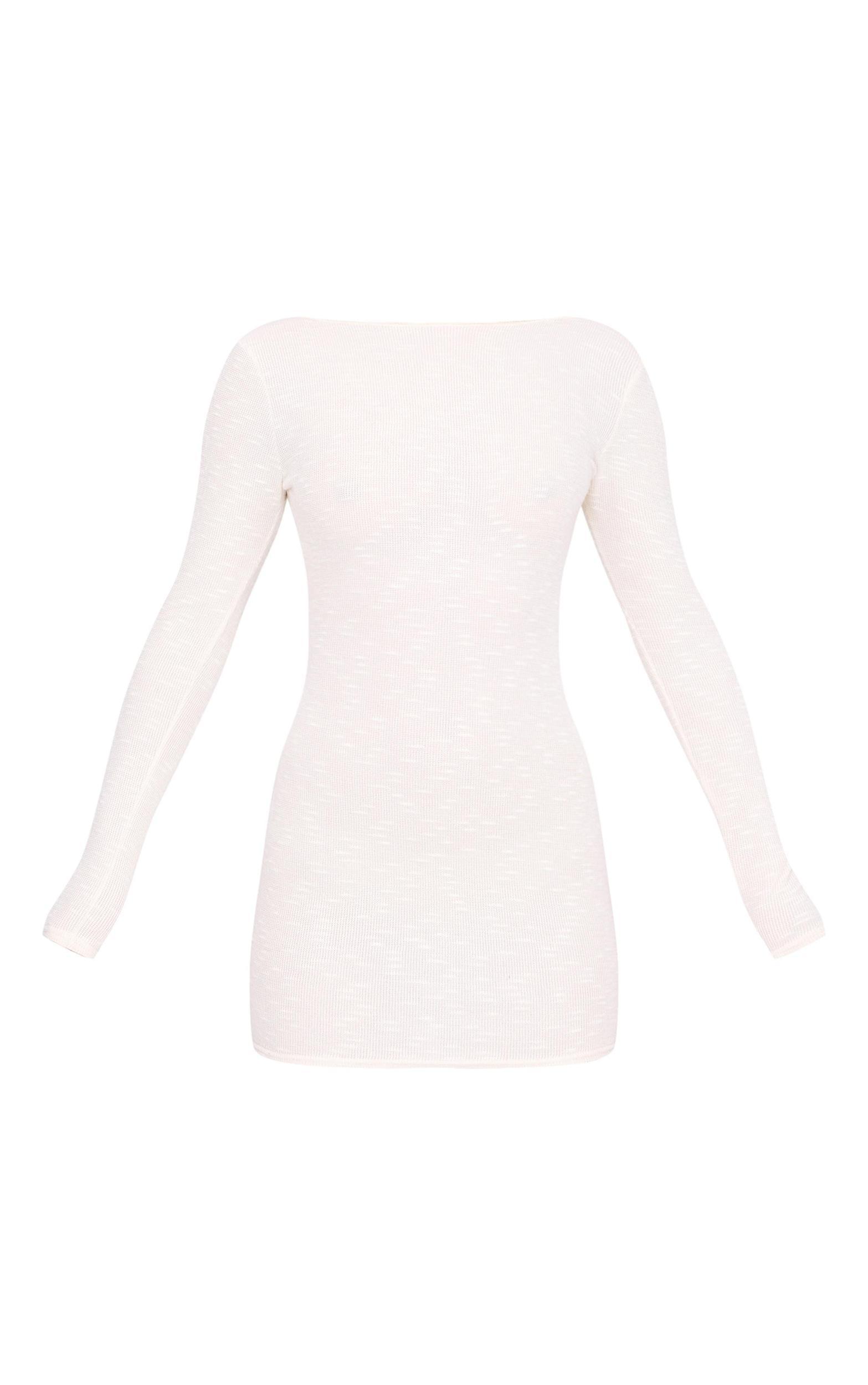 Cream Textured Scoop Back Long Sleeve Bodycon Dress Product Image