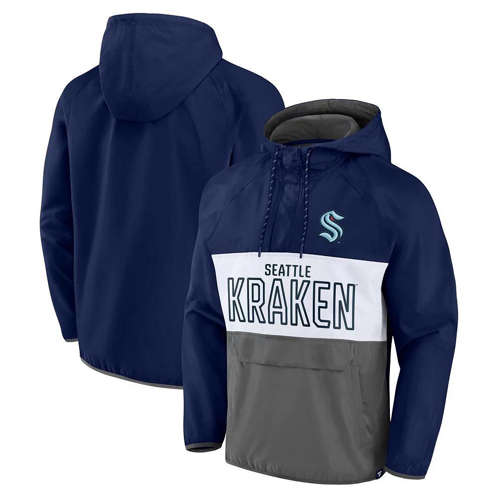Men's Fanatics Branded Deep Sea Blue/Gray Seattle Kraken Backhand Shooter Defender Anorak Raglan Hoodie Quarter-Zip Jacket, Size: Medium, Krk Blue Product Image