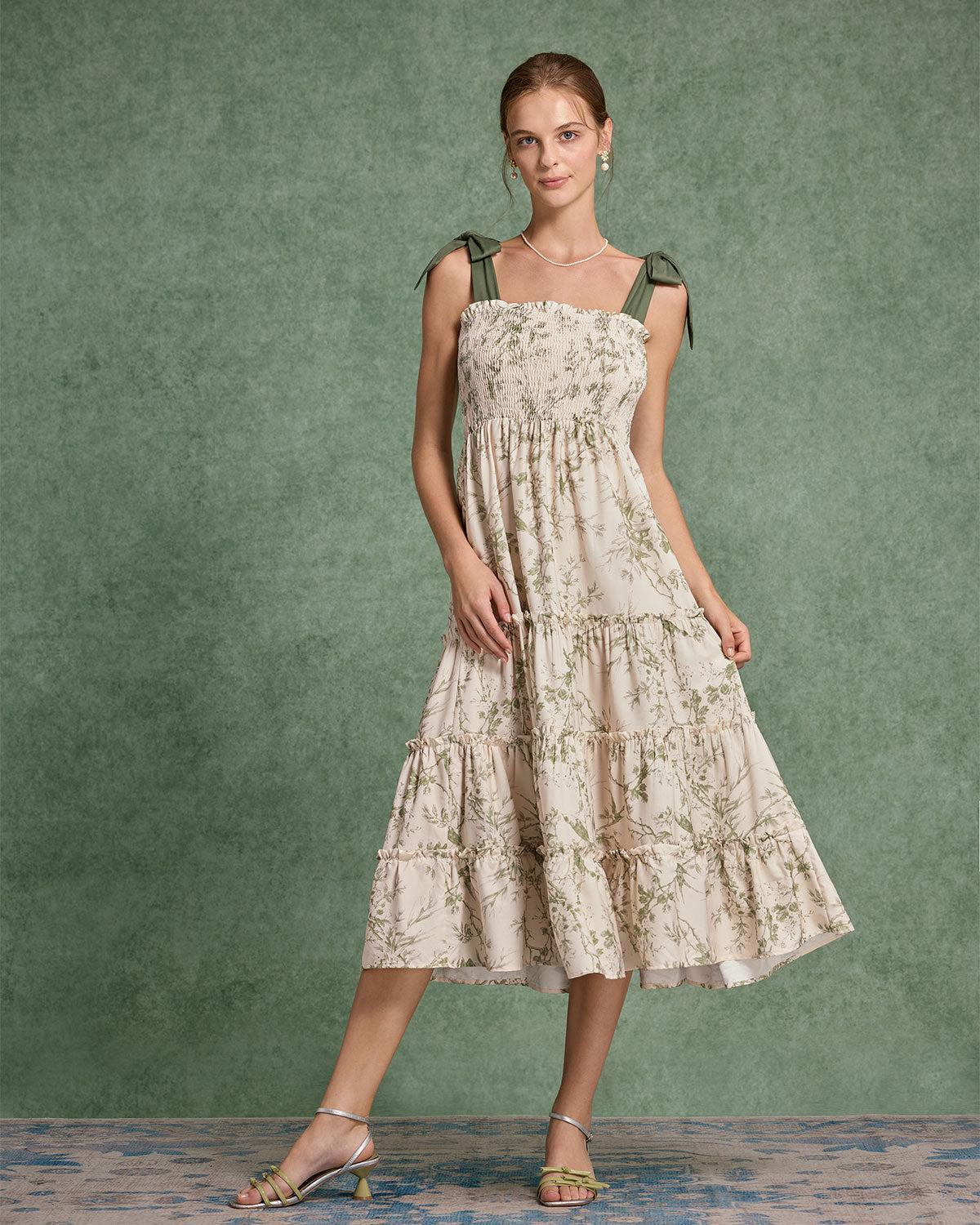 Green Floral Tie Strap Midi Dress Product Image