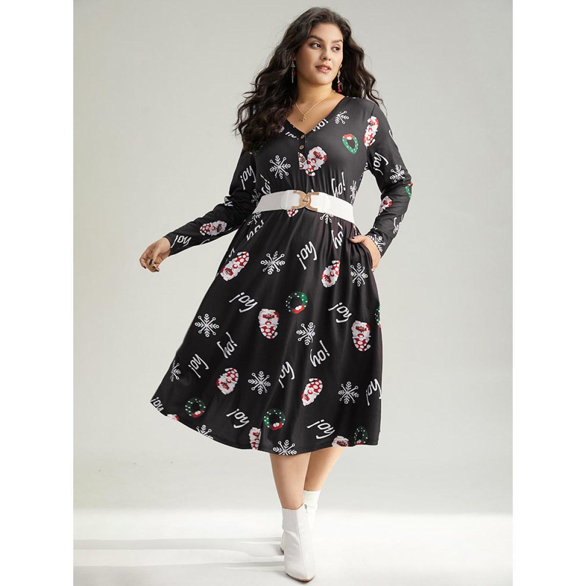 Plus Size Christmas Graphic Button Detail Dress Black Women Elegant Gathered V-neck Long Sleeve Curvy Midi Dress BloomChic 12/L Product Image