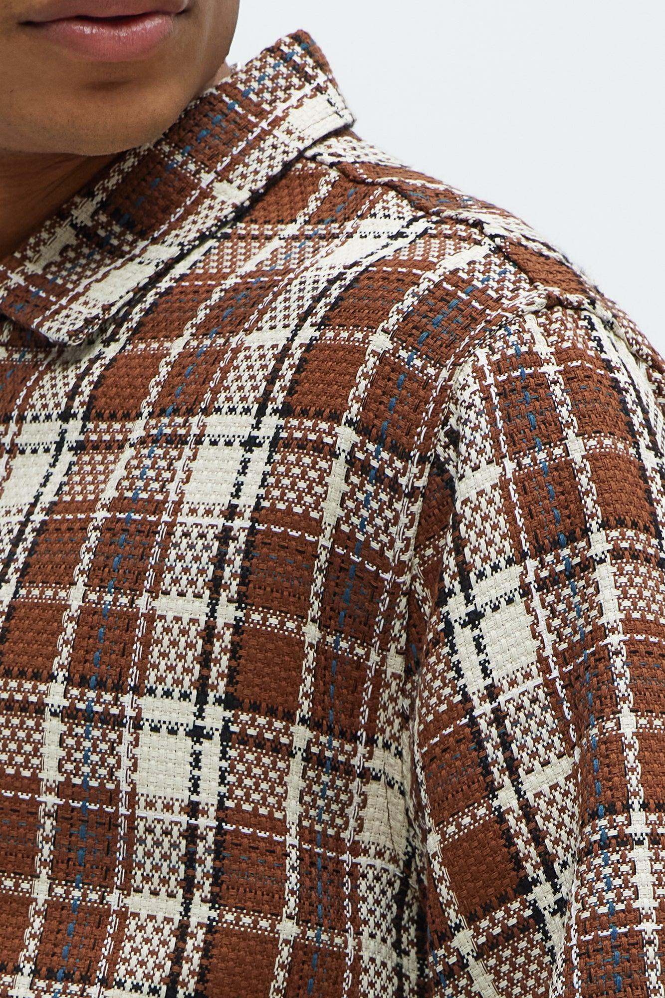 Plaid Basket Weave Cropped Button Up Shirt - Brown Combo Product Image