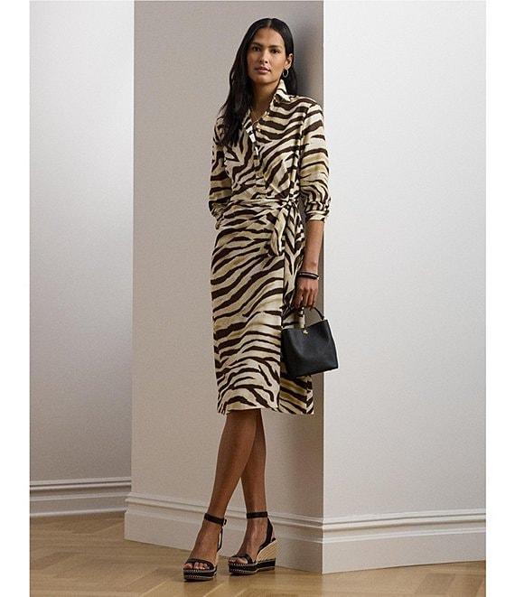 Lauren Ralph Lauren Petite Size Zebra Crepe De Chine Point Collar Tie Front Faux Wrap Dress Product Image