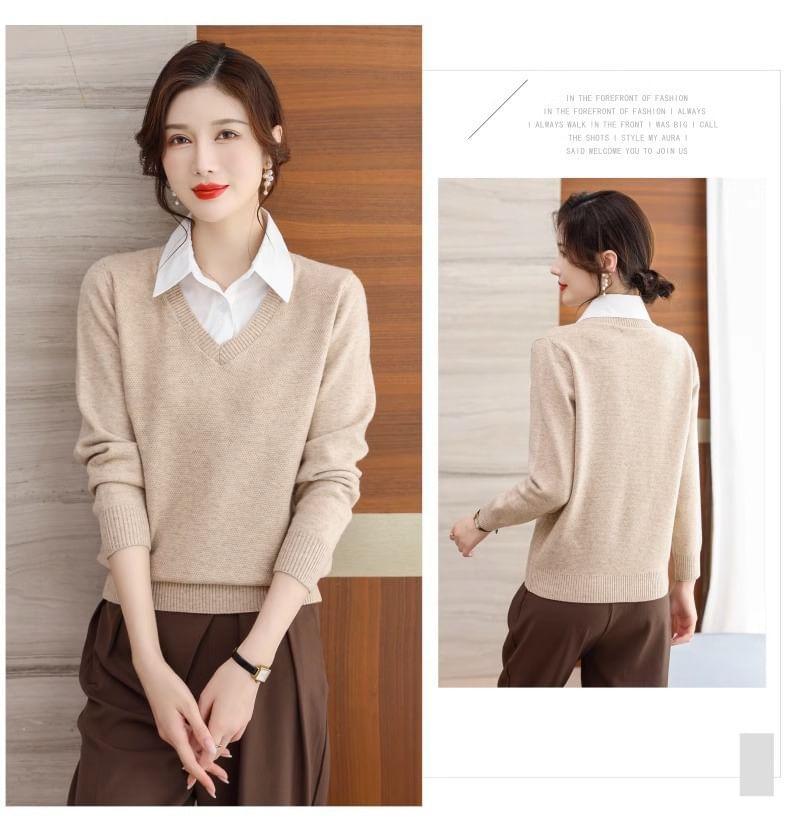 Mock Two-Piece Long-Sleeve Collar Two Tone Knit Top Product Image