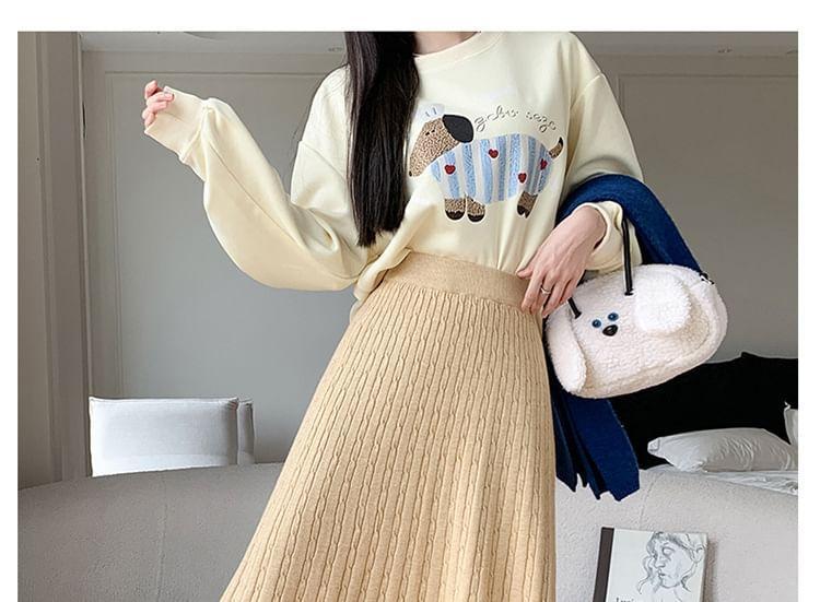 High Waist Ruffle Hem Knit Midi A-Line Skirt Product Image